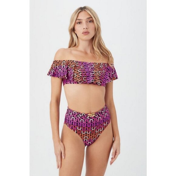 💕TRINA TURK💕 Echo Off The Shoulder Ruffle Bandeau Swim Top Chain Print 6 NWOT - Picture 5 of 12